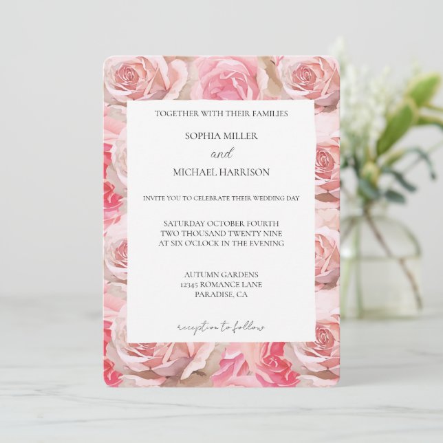 Pretty Blush Pink Roses Floral Wedding Invitation (Standing Front)