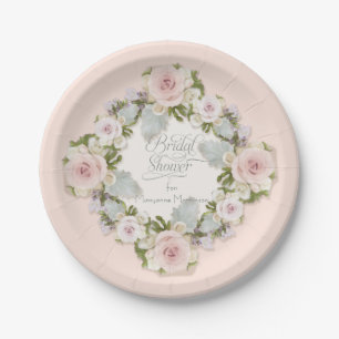 Pretty Blush Pink Roses w Succulent Bridal Shower Paper Plate
