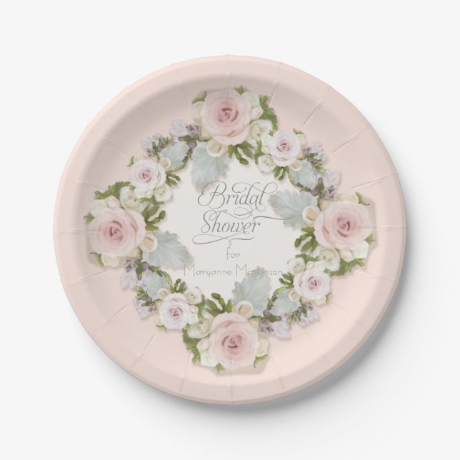 Pretty Blush Pink Roses w Succulent Bridal Shower Paper Plate (Front)