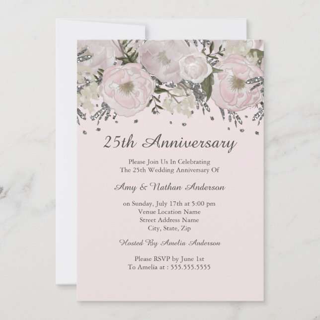 Pretty Blush Pink Silver Floral 25th Anniversary Invitation (Front)