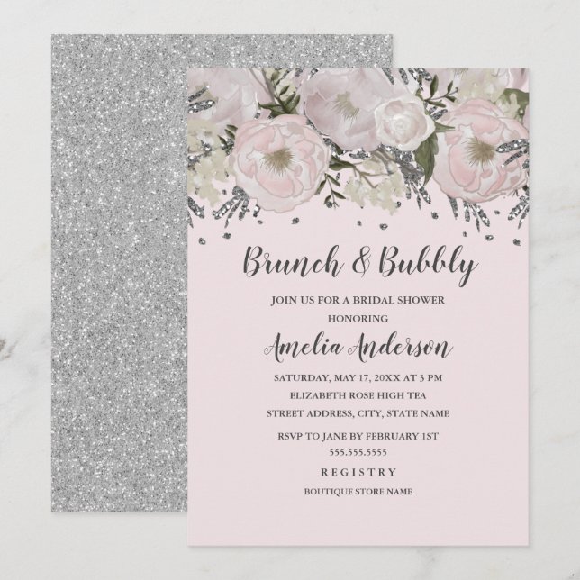 Pretty Blush Pink Silver Floral Brunch And Bubbly Invitation (Front/Back)