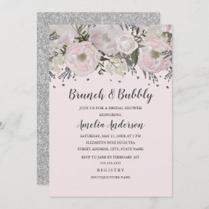 Pretty Blush Pink Silver Floral Brunch And Bubbly Invitation