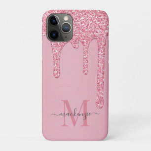 Pretty Blush Pink Sparkle Glitter Drips Monogram iPhone 11 Pro Case