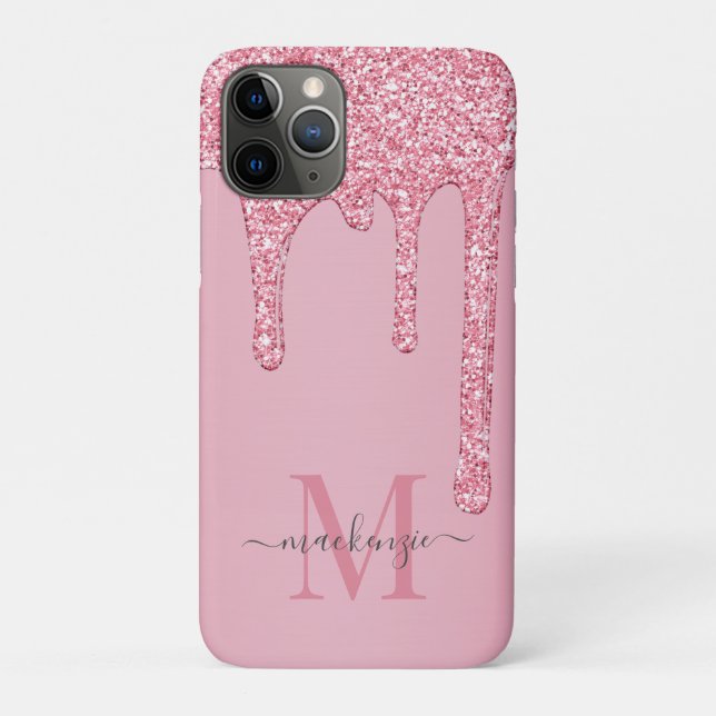 Pretty Blush Pink Sparkle Glitter Drips Monogram Case-Mate iPhone Case (Back)