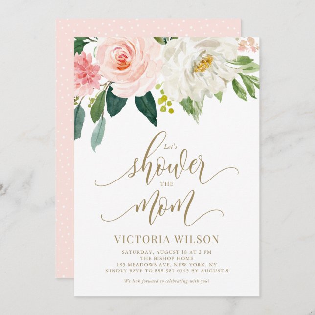 Pretty Blush Pink Spring Florals Gold Baby Shower Invitation (Front/Back)