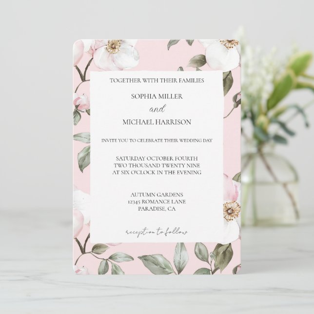 Pretty Blush Pink White Flowers Wedding Invitation (Standing Front)