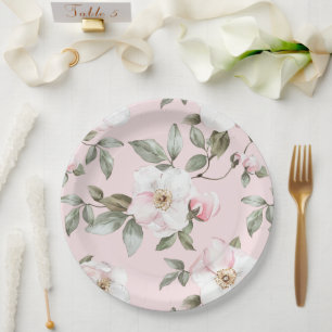 Pretty Blush Pink White Flowers Wedding  Paper Plate