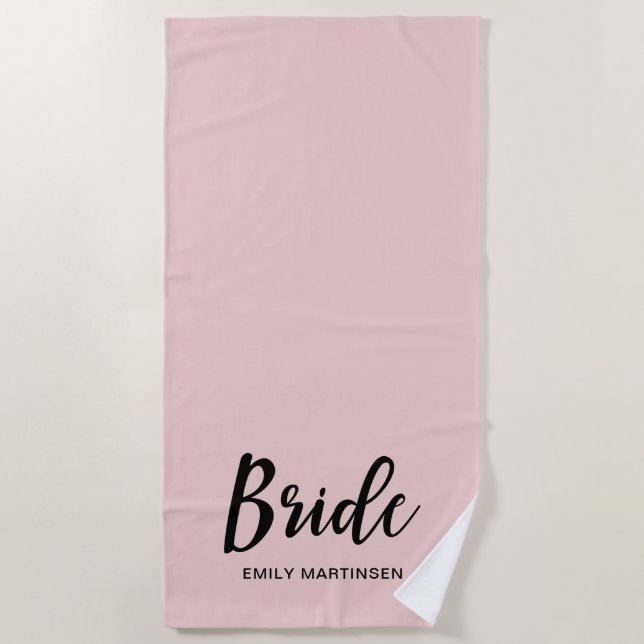 Pretty Blush with Bride Typography and Name Beach Towel (Front)