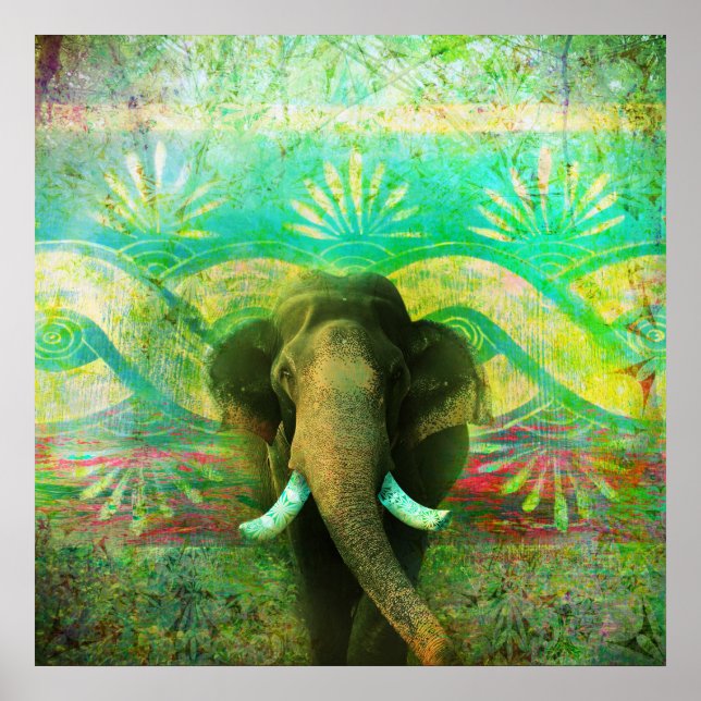 Pretty Bohemian Elephant Turquoise Tribal Pattern Poster (Front)