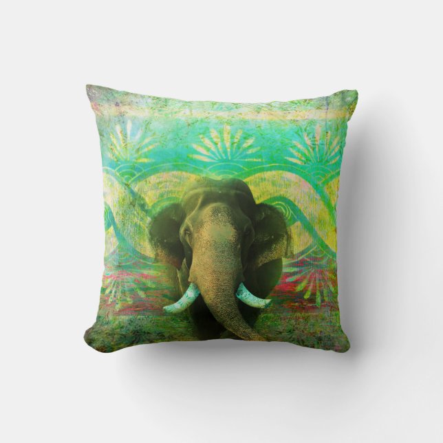 Pretty Bohemian Elephant Turquoise Tribal Pattern Throw Pillow (Front)