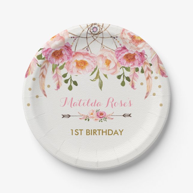 Pretty Bohemian Floral Dreamcatcher / Pink & Gold Paper Plate (Front)