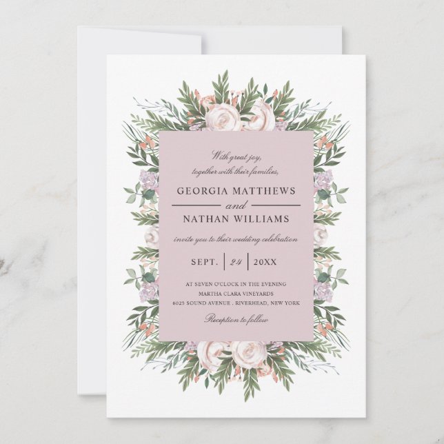 Pretty Bohemian Floral Elegant Light Mauve Wedding Invitation (Front)