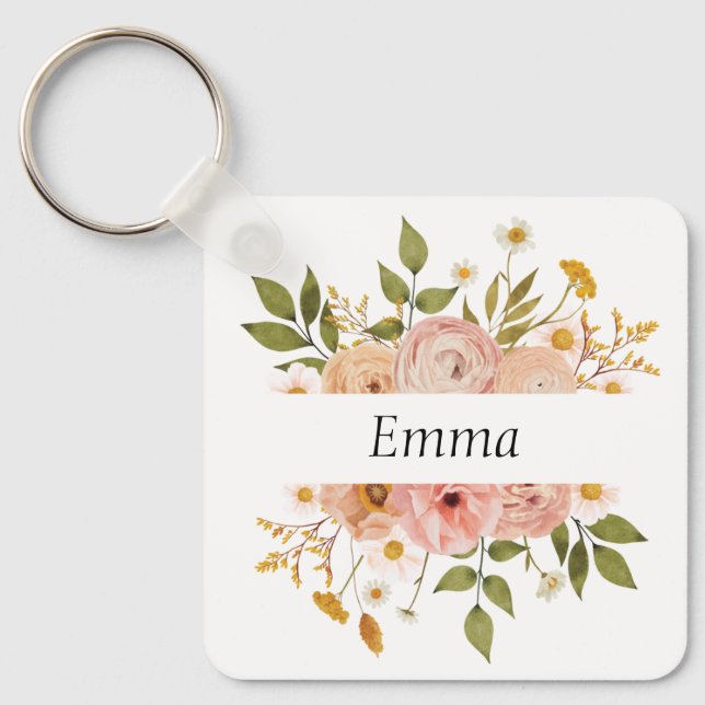 Pretty bohemian floral monogram or name keychain (Front)
