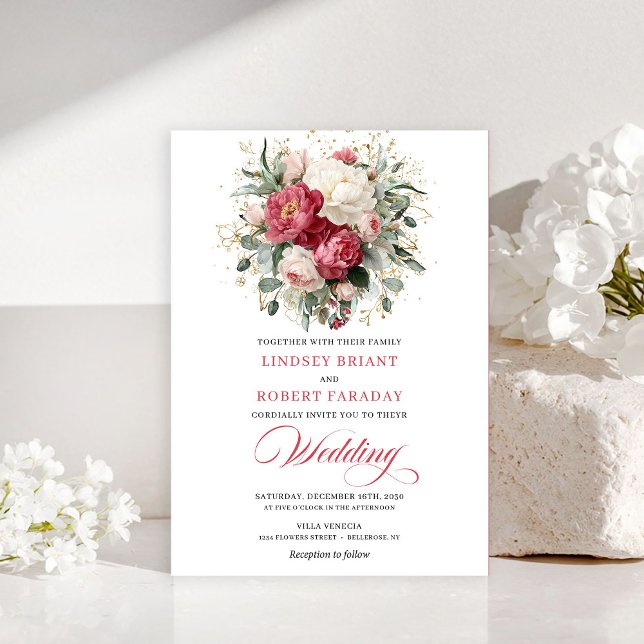 Pretty Bohemian Red White Gold Roses Wedding Invit Invitation (Pretty Bohemian Red White Gold Roses Wedding Invite

)