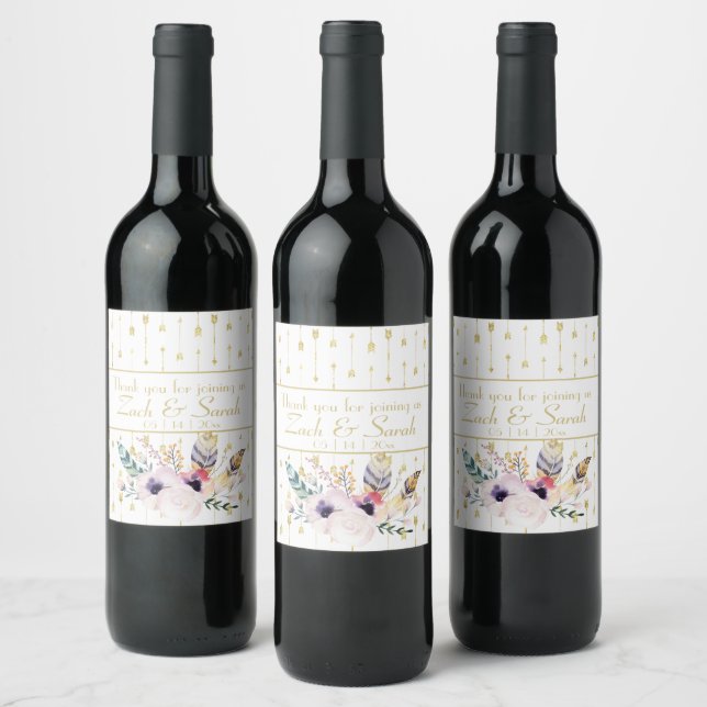 Pretty Boho Bouquet Wedding Wine Label (Bottles)