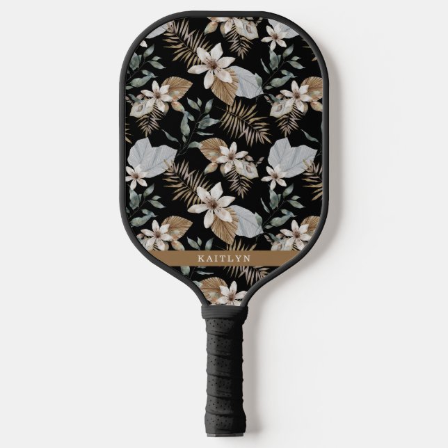 Pretty Boho Gold Tropical Floral and Name  Pickleball Paddle (Front)