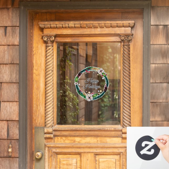 Pretty Boho Holiday Wreath  Customizable Window Cling (Home Door)