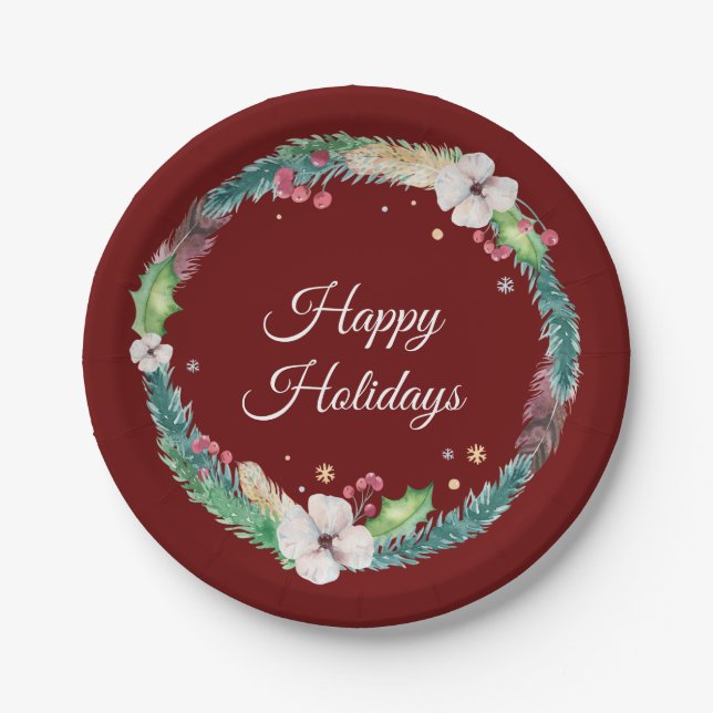 Pretty Boho Holiday Wreath  Paper Plate (Front)
