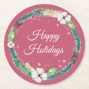 Pretty Boho Holiday Wreath  Round Paper Coaster