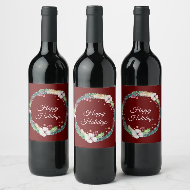 Pretty Boho Holiday Wreath  Wine Label (Bottles)