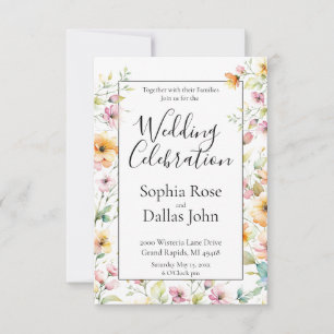 Pretty Boho Orange Pink Watercolor Wildflowers Invitation