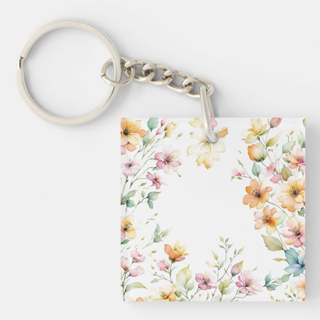 Pretty Boho Orange Pink Watercolor Wildflowers Keychain (Front)