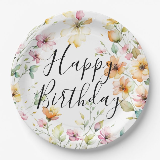 Pretty Boho Orange Pink Watercolor Wildflowers Paper Plate (Front)