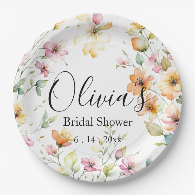 Pretty Boho Orange Pink Watercolor Wildflowers Paper Plate (Front)