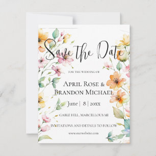 Pretty Boho Orange Pink Watercolor Wildflowers Save The Date