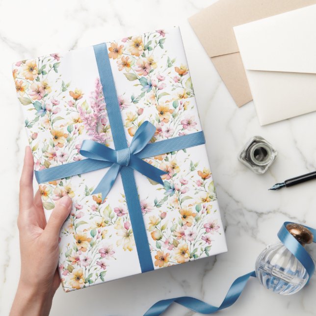 Pretty Boho Orange Pink Watercolor Wildflowers Wrapping Paper (Gifting)