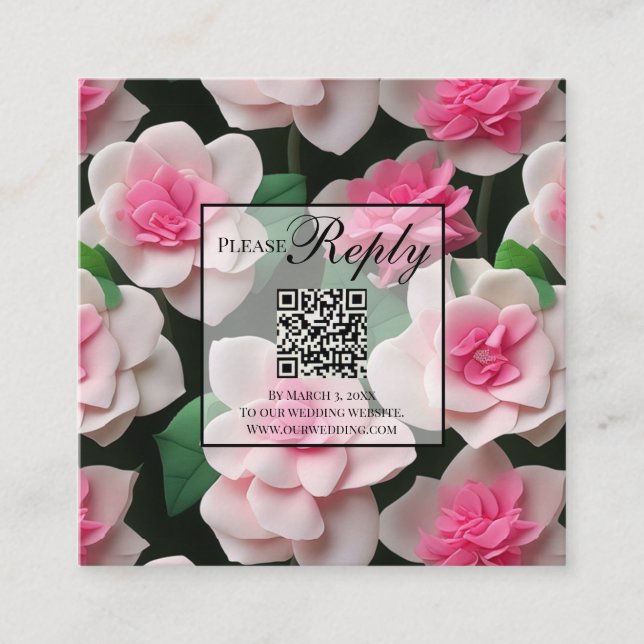 Pretty boho pink floral greenery QR code Enclosure Card (Front)