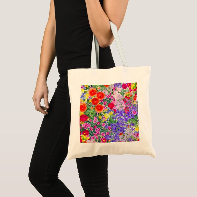 Pretty boho spring summer floral colourful tote ba bag (Front (Product))