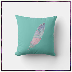 Pretty Boho Turquoise Aqua Blue Feather Throw Pillow
