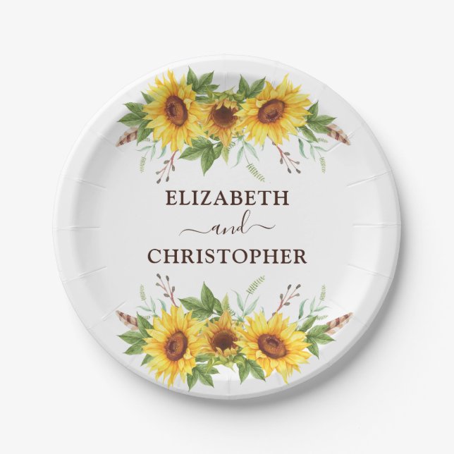 Pretty Boho Watercolor Sunflowers Wedding Party Paper Plate (Front)