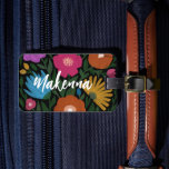 Pretty Bold Colourful Florals Name  Luggage Tag<br><div class="desc">This fun, colourful luggage tag features a hand drawn floral design in magenta / fuchsia pink, orange, golden yellow, purple, blue, and green over a custom colour background (shown in black). The floral design's art style is almost chalk - like / pastels. A text template in stylish font is included...</div>