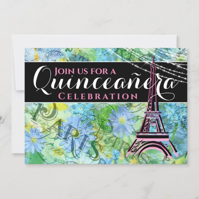 Pretty Bold Eiffel Tower Paris w/ Mass Quinceañera Invitation (Front)