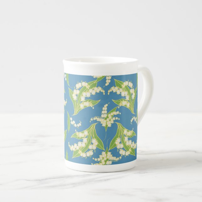 Pretty Bone China Mug: Lilies of the Valley, Blue Bone China Mug (Front Right)
