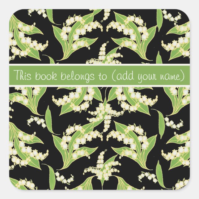 Pretty Bookplates: Lilies of the Valley, Black Square Sticker (Front)