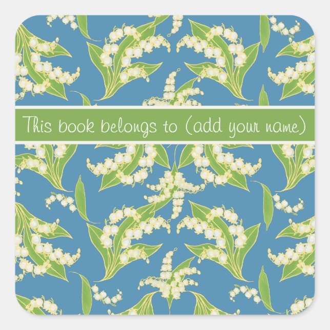 Pretty Bookplates: Lilies of the Valley, Blue Square Sticker (Front)