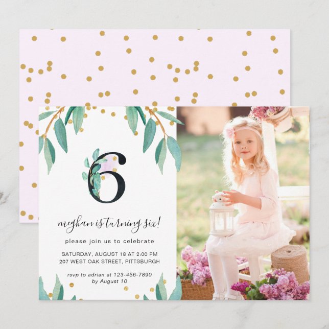 Pretty Botanical 6th Birthday Party Photo Invitation (Front/Back)