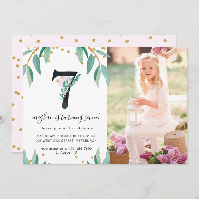 Pretty Botanical 7th Birthday Party Photo Invitation (Front/Back)