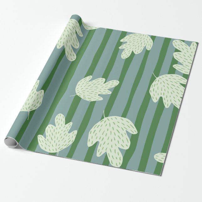 Pretty botanical and stripes pattern Blue Green Wrapping Paper (Unrolled)