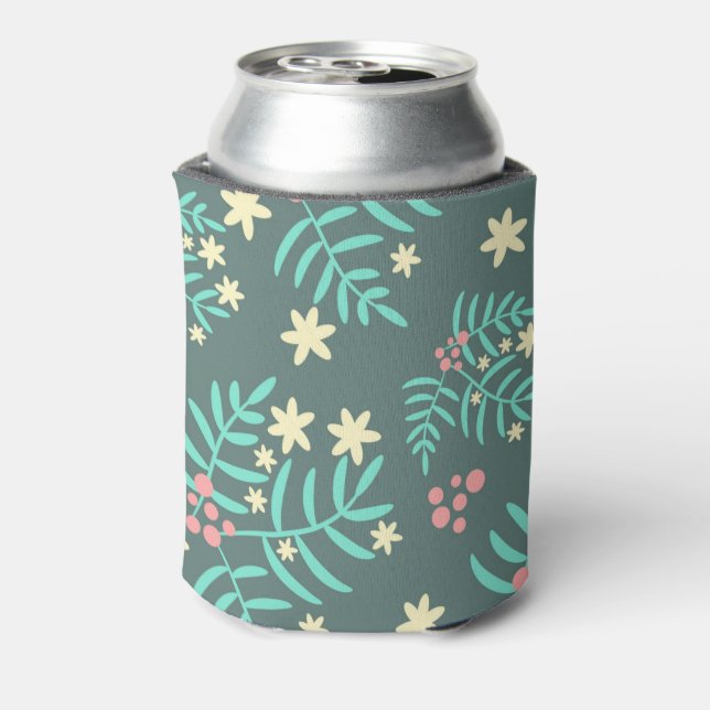Pretty Botanical Leaves and Berries Blue Pattern Can Cooler (Can Back)