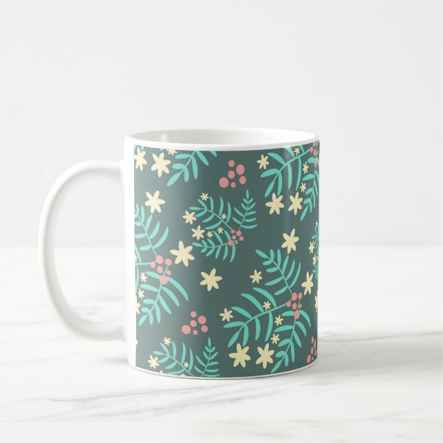 Pretty Botanical Leaves and Berries Blue Pattern Coffee Mug (Left)