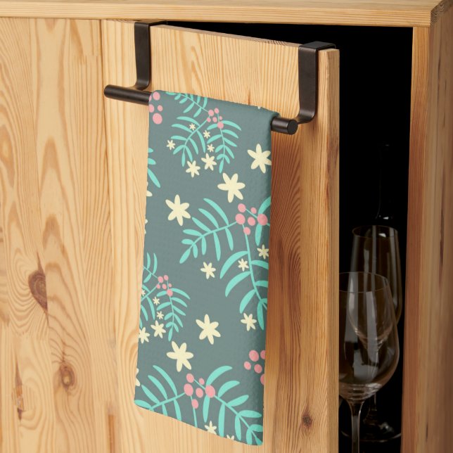 Pretty Botanical Leaves and Berries Blue Pattern Kitchen Towel (Thirds Fold)