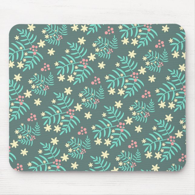 Pretty Botanical Leaves and Berries Blue Pattern Mouse Pad (Front)
