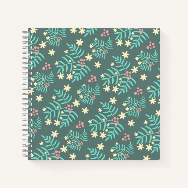Pretty Botanical Leaves and Berries Blue Pattern Notebook (Front)