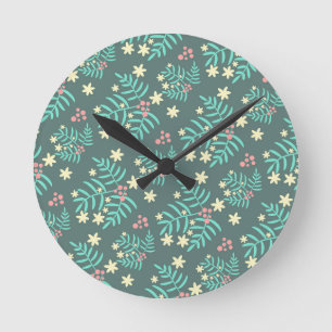 Pretty Botanical Leaves and Berries Blue Pattern Round Clock