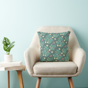 Pretty Botanical Leaves and Berries Blue Pattern Throw Pillow