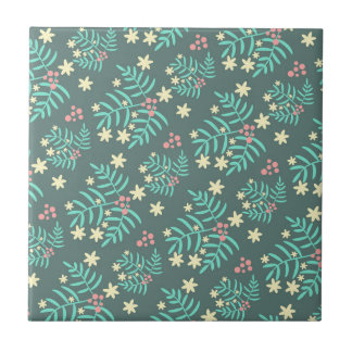Pretty Botanical Leaves and Berries Blue Pattern Tile